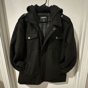 Carbon Hooded Black Pea Coat